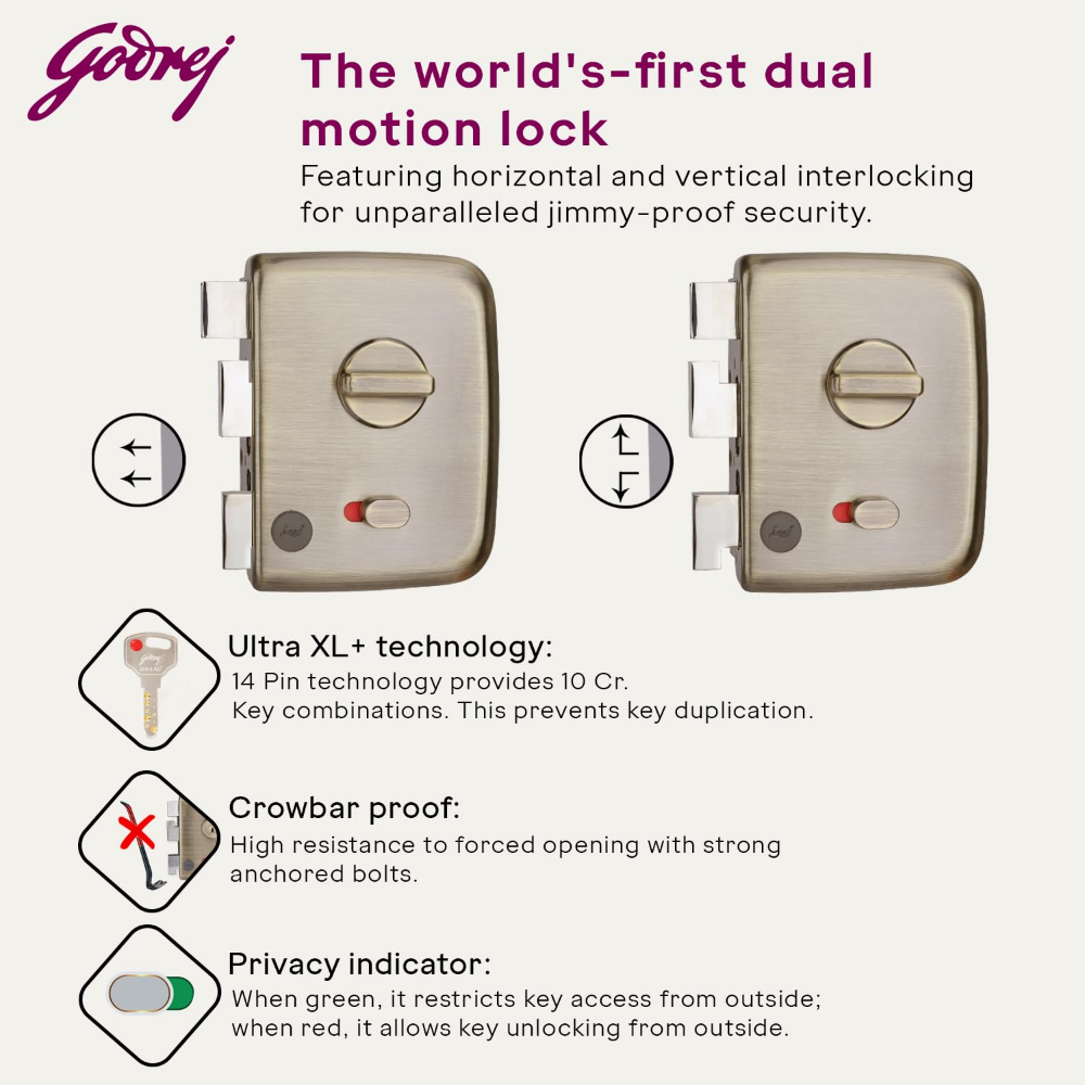 Godrej Rim Lock I Centaur Rim Lock I1st Dual Motion Lock | Ultra XL plus   Technology |4Keys I 1CK Dead Bolt Lock I for Inside or Outside Opening Door for Main  and   Safety Door I Antique Brass Finish